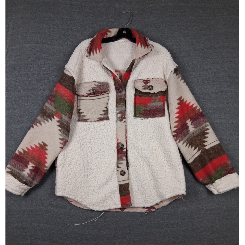 Mapcie Womens Jacket L Green Red Aztec Sherpa Western Shacket Tribal Cozy Rugged